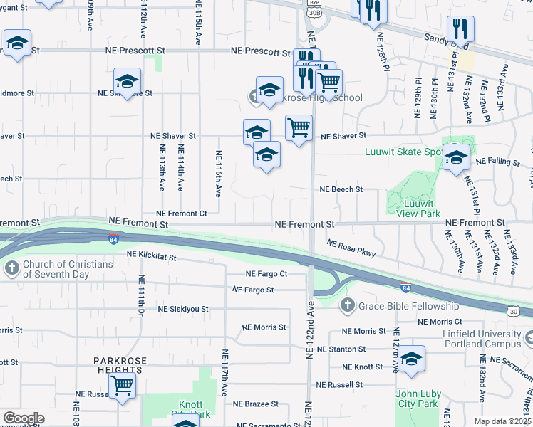 map of restaurants, bars, coffee shops, grocery stores, and more near 3560 Northeast 120th Avenue in Portland