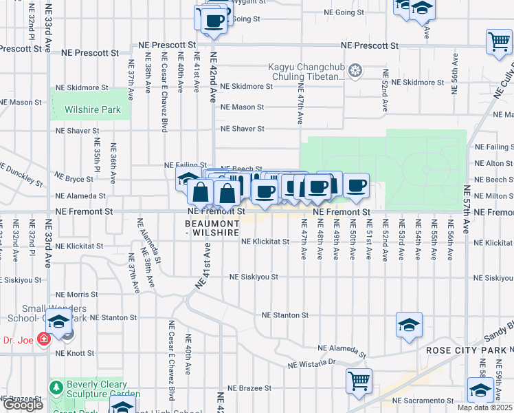 map of restaurants, bars, coffee shops, grocery stores, and more near 3547 Northeast 45th Avenue in Portland