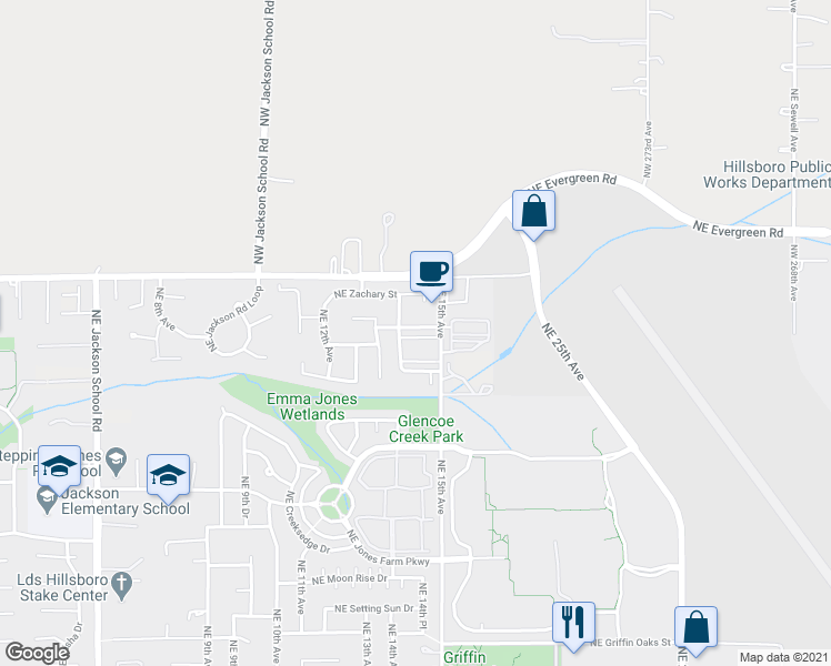 map of restaurants, bars, coffee shops, grocery stores, and more near 1498 Northeast Zachary Street in Hillsboro
