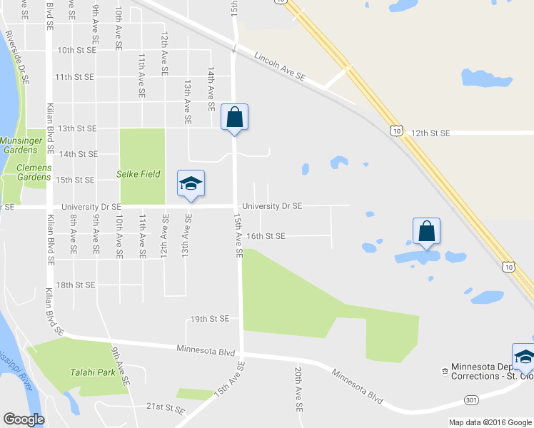 map of restaurants, bars, coffee shops, grocery stores, and more near 1703 University Drive Southeast in St. Cloud