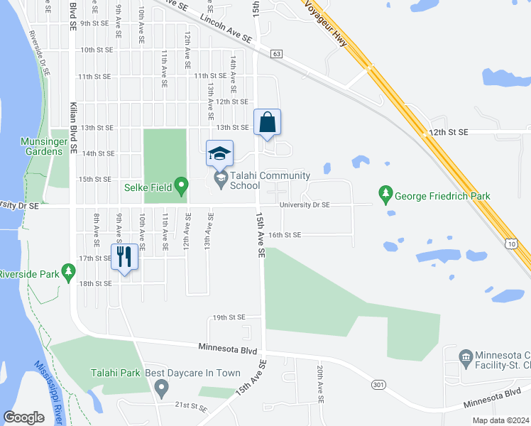 map of restaurants, bars, coffee shops, grocery stores, and more near 1519 University Drive Southeast in St. Cloud