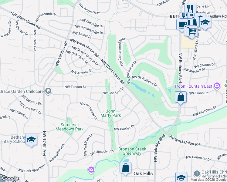 map of restaurants, bars, coffee shops, grocery stores, and more near 16431 Northwest Charlais Street in Beaverton