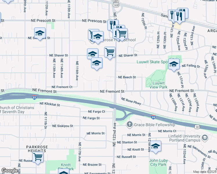 map of restaurants, bars, coffee shops, grocery stores, and more near 3571-3573 Northeast 122nd Avenue in Portland