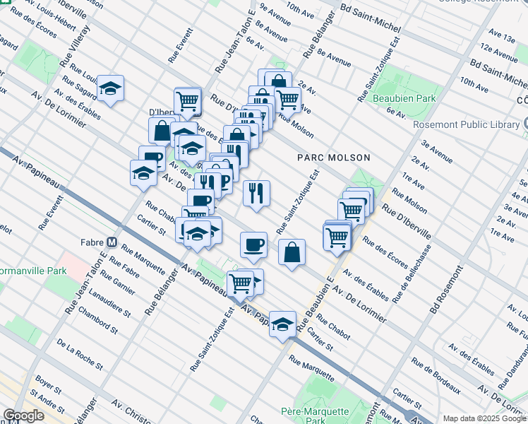 map of restaurants, bars, coffee shops, grocery stores, and more near 6771 Avenue des Érables in Montreal