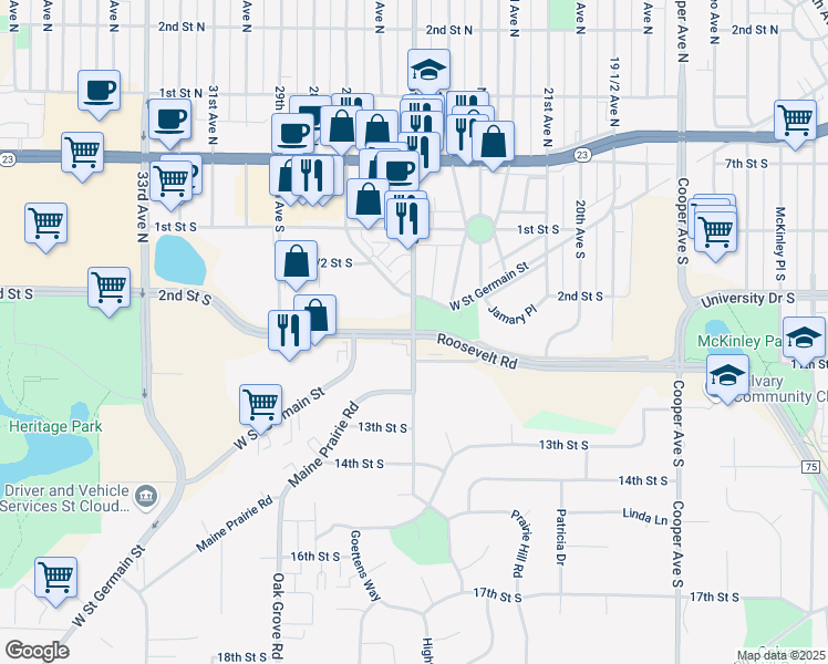 map of restaurants, bars, coffee shops, grocery stores, and more near 25th Avenue South in Saint Cloud