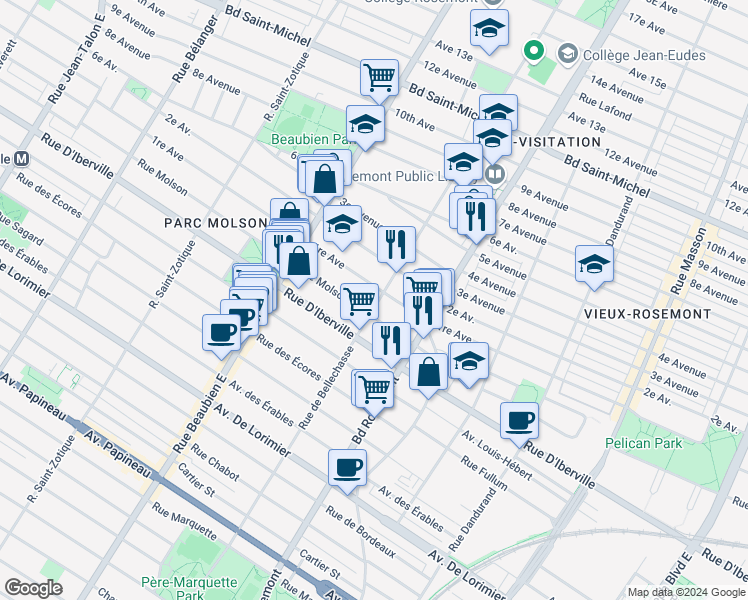 map of restaurants, bars, coffee shops, grocery stores, and more near 2577 Rue de Bellechasse in Montréal