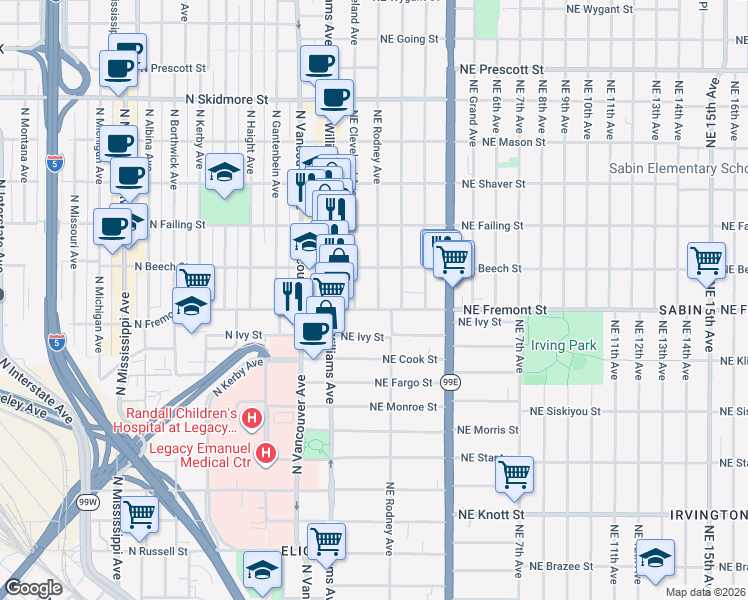 map of restaurants, bars, coffee shops, grocery stores, and more near 3515 Northeast Rodney Avenue in Portland