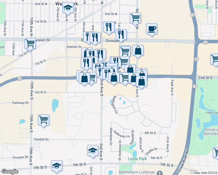 map of restaurants, bars, coffee shops, grocery stores, and more near 234 2nd Avenue South in Waite Park