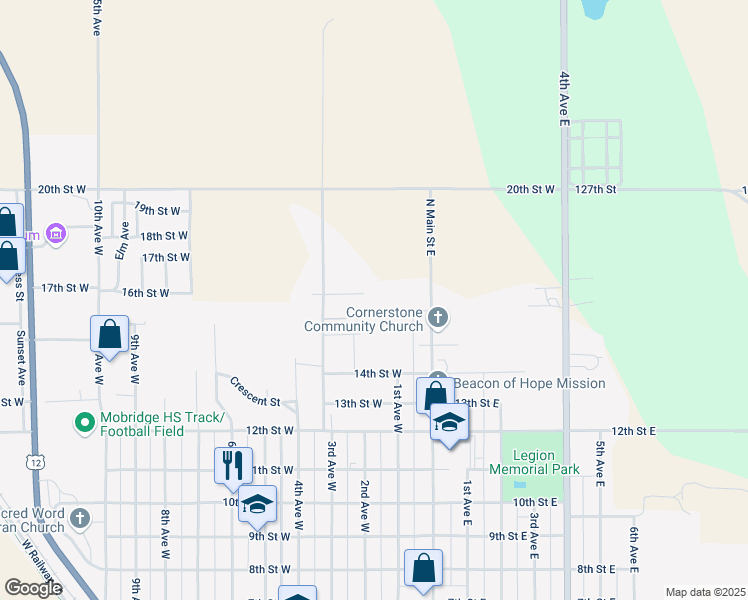 map of restaurants, bars, coffee shops, grocery stores, and more near 208 Farmdale Court in Mobridge