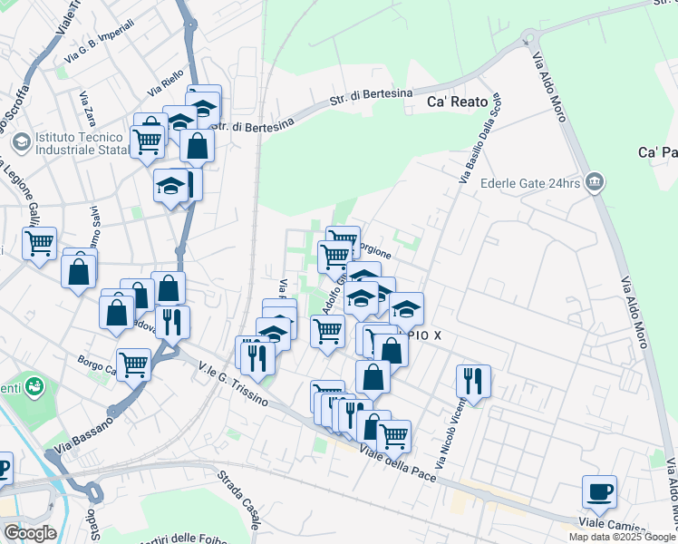 map of restaurants, bars, coffee shops, grocery stores, and more near 67 Via Adolfo Giuriato in Vicenza