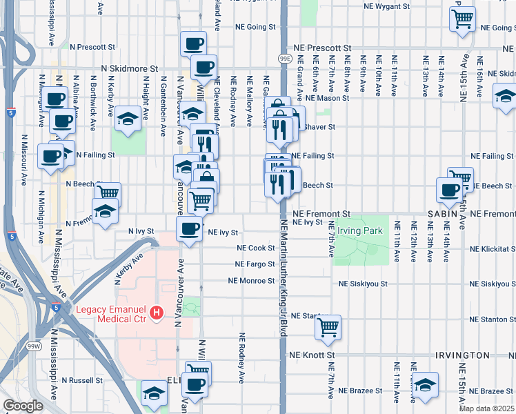 map of restaurants, bars, coffee shops, grocery stores, and more near 3606 Northeast Garfield Avenue in Portland