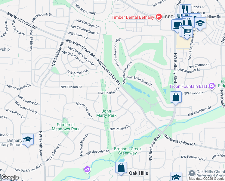 map of restaurants, bars, coffee shops, grocery stores, and more near 16379 Northwest Charlais Street in Beaverton