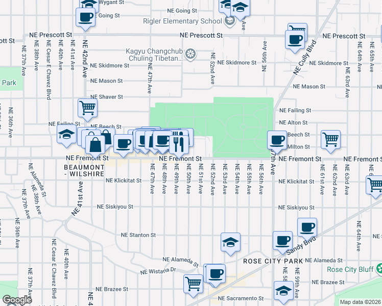 map of restaurants, bars, coffee shops, grocery stores, and more near 3525 Northeast 50th Avenue in Portland