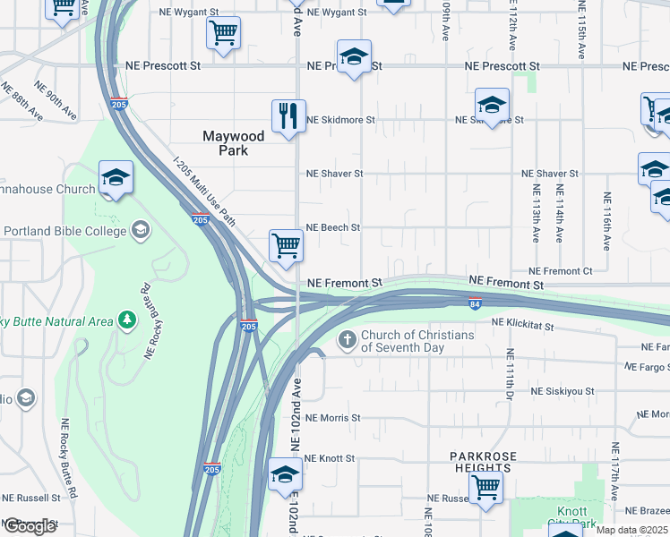 map of restaurants, bars, coffee shops, grocery stores, and more near 10350 Northeast Beech Street in Portland