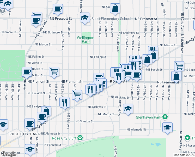 map of restaurants, bars, coffee shops, grocery stores, and more near 3610 Northeast 69th Avenue in Portland