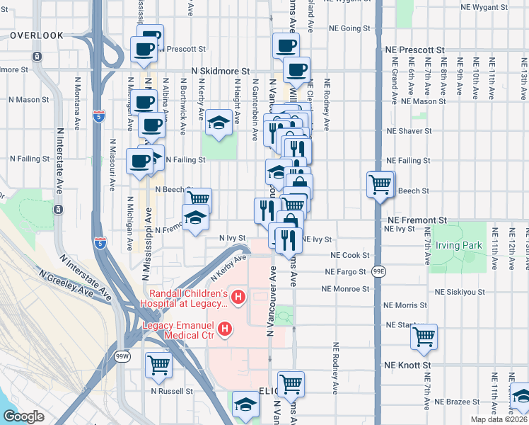 map of restaurants, bars, coffee shops, grocery stores, and more near in Portland