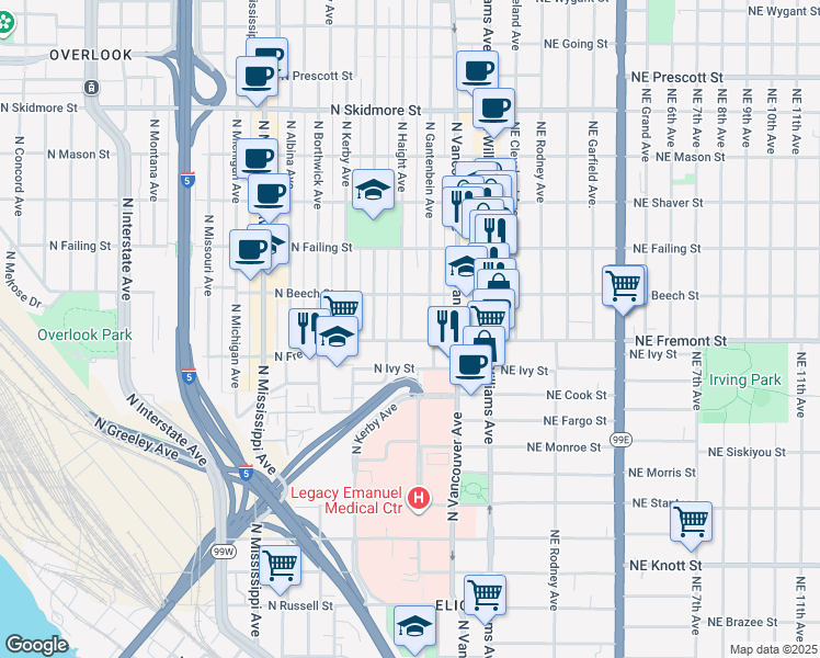 map of restaurants, bars, coffee shops, grocery stores, and more near 3606 North Haight Avenue in Portland