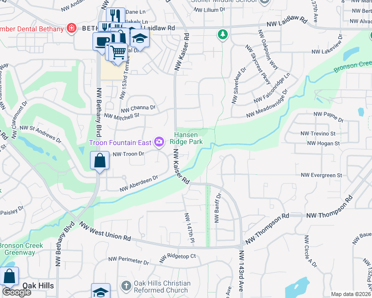map of restaurants, bars, coffee shops, grocery stores, and more near 4020 Northwest 147th Avenue in Portland