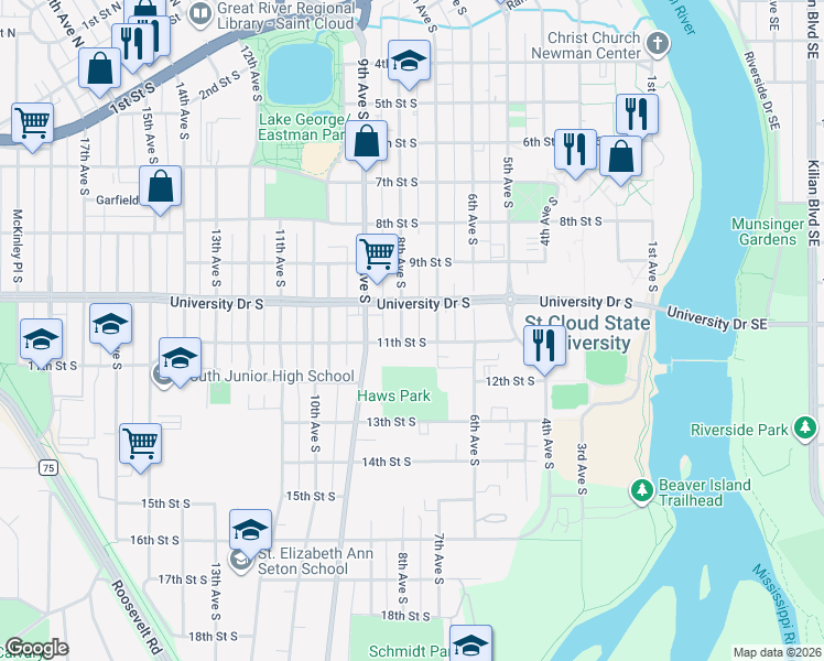 map of restaurants, bars, coffee shops, grocery stores, and more near 1009 7th Avenue South in St. Cloud