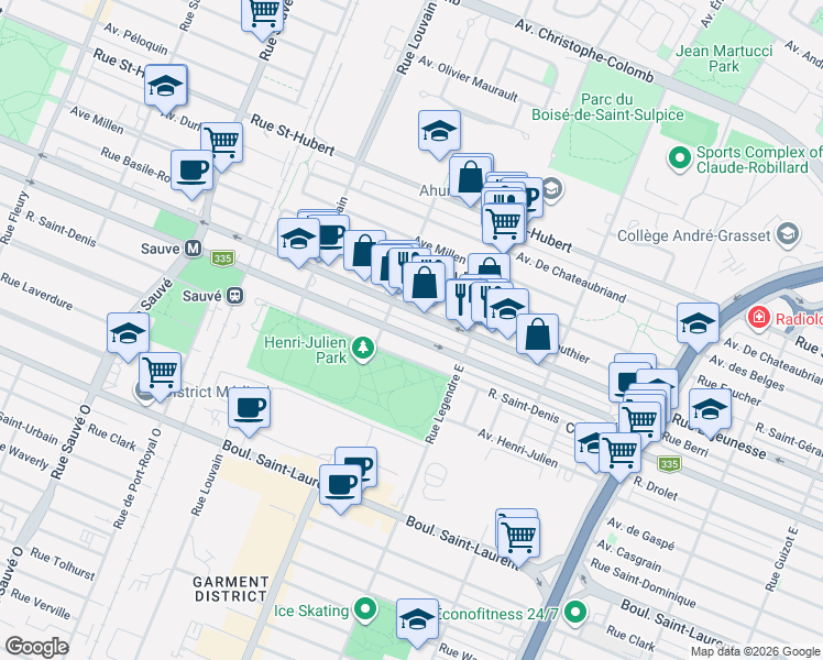 map of restaurants, bars, coffee shops, grocery stores, and more near 9259 Rue Berri in Montréal