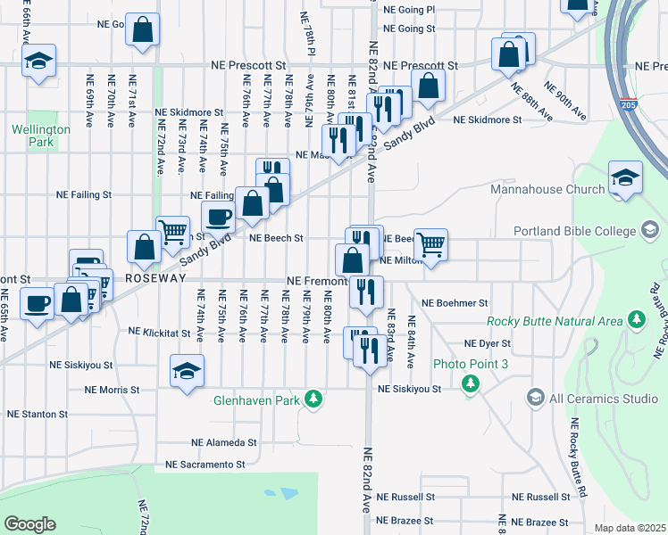 map of restaurants, bars, coffee shops, grocery stores, and more near 3524 Northeast 80th Avenue in Portland