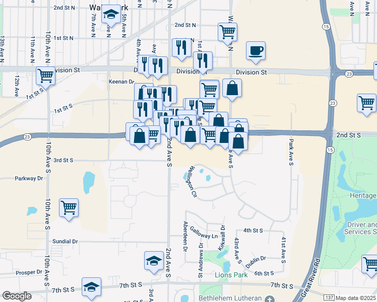 map of restaurants, bars, coffee shops, grocery stores, and more near 234 2nd Avenue South in Waite Park