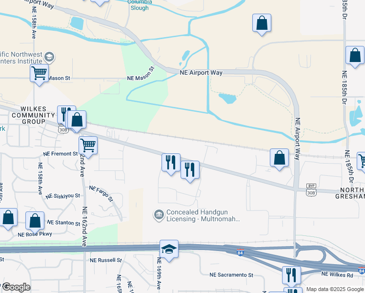 map of restaurants, bars, coffee shops, grocery stores, and more near 17111 Northeast Sandy Boulevard in Portland