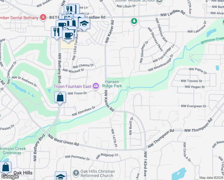 map of restaurants, bars, coffee shops, grocery stores, and more near 4020 Northwest 147th Avenue in Portland