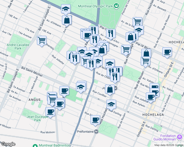 map of restaurants, bars, coffee shops, grocery stores, and more near 3635 Rue Sherbrooke Est in Montréal