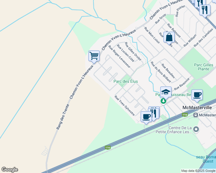 map of restaurants, bars, coffee shops, grocery stores, and more near 935 Rue Hilaire-Plante in McMasterville
