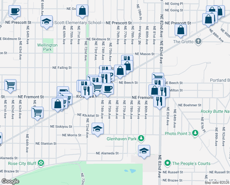 map of restaurants, bars, coffee shops, grocery stores, and more near 3525 Northeast 76th Avenue in Portland