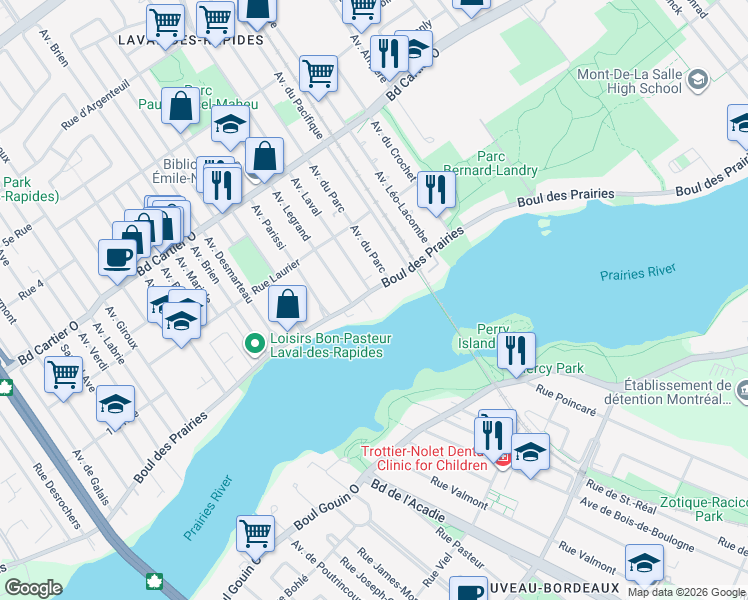 map of restaurants, bars, coffee shops, grocery stores, and more near 318 Boulevard des Prairies in Laval