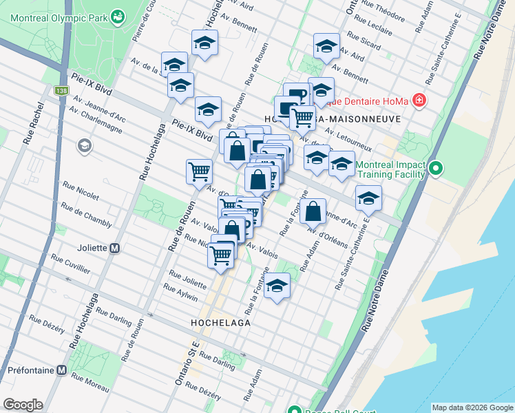 map of restaurants, bars, coffee shops, grocery stores, and more near 3921 Rue Ontario Est in Montréal