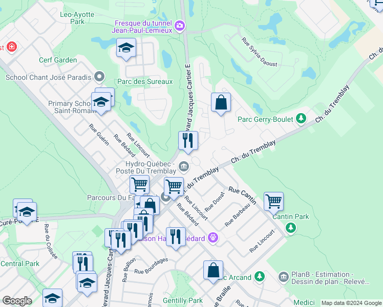 map of restaurants, bars, coffee shops, grocery stores, and more near 2099 Chemin du Tremblay in Longueuil