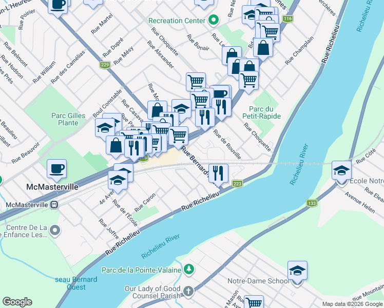 map of restaurants, bars, coffee shops, grocery stores, and more near 221 Rue Bernard-Pilon in McMasterville