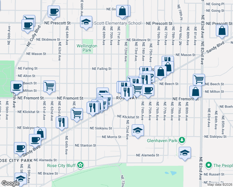 map of restaurants, bars, coffee shops, grocery stores, and more near 3527 Northeast 71st Avenue in Portland