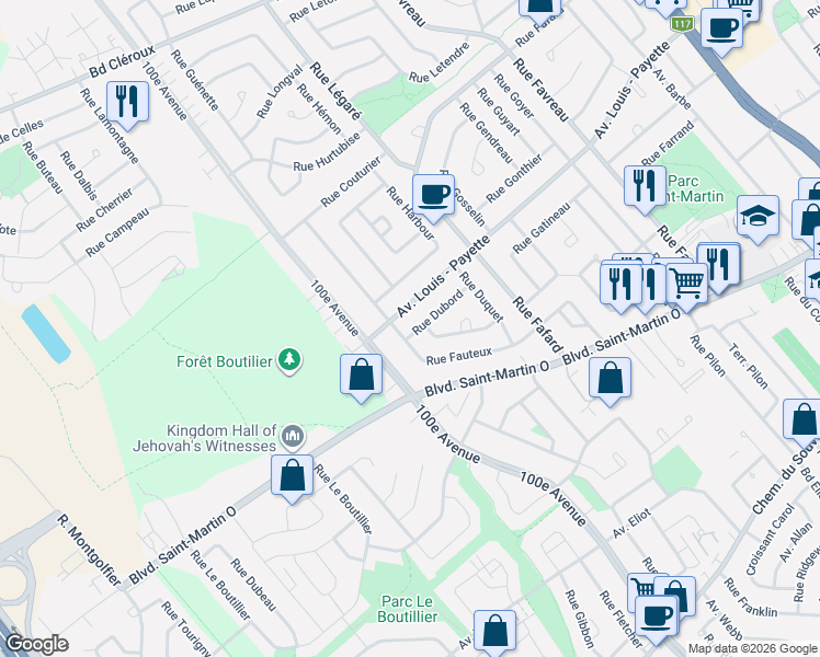 map of restaurants, bars, coffee shops, grocery stores, and more near 4559 Rue Dubord in Laval