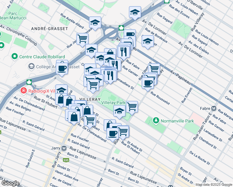 map of restaurants, bars, coffee shops, grocery stores, and more near 7995 Rue de Normanville in Montreal