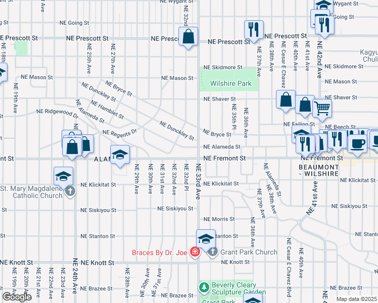 map of restaurants, bars, coffee shops, grocery stores, and more near 3278 Northeast Alameda Street in Portland