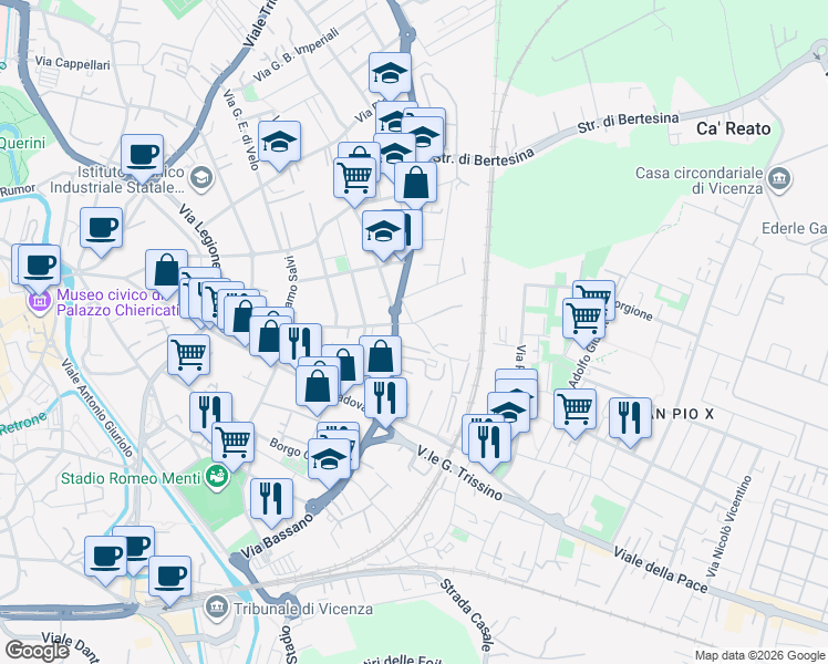 map of restaurants, bars, coffee shops, grocery stores, and more near 63 Via Domenico Meschinelli in Vicenza