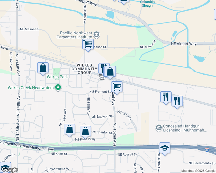 map of restaurants, bars, coffee shops, grocery stores, and more near 3601 Northeast 162nd Avenue in Portland