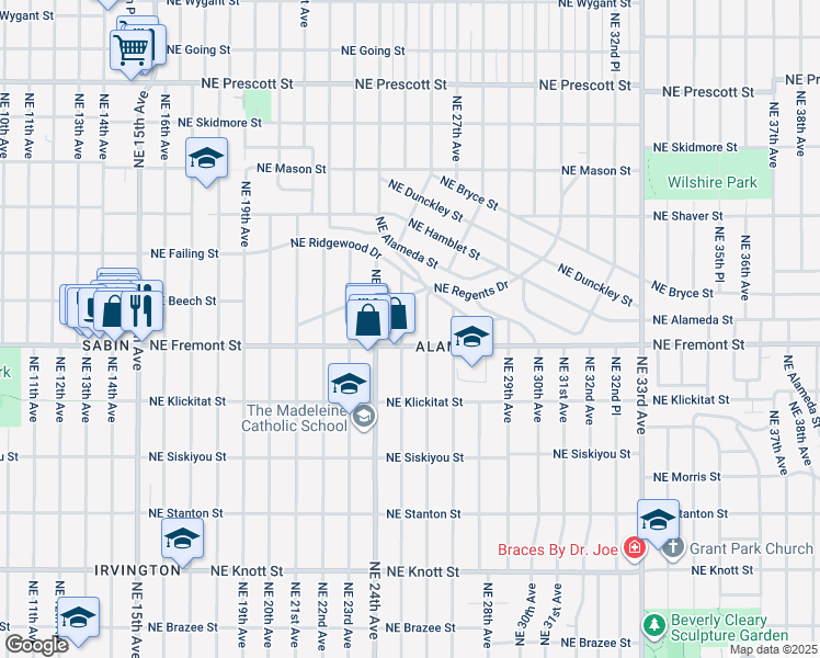 map of restaurants, bars, coffee shops, grocery stores, and more near 3546 Northeast 25th Avenue in Portland