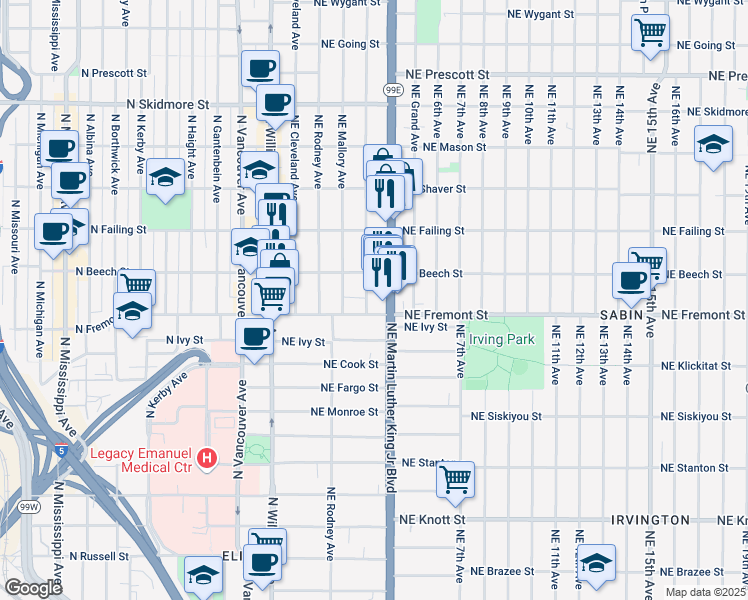 map of restaurants, bars, coffee shops, grocery stores, and more near 3606 Northeast Garfield Avenue in Portland