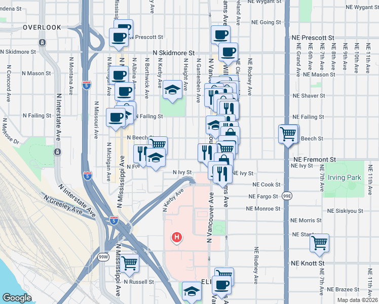 map of restaurants, bars, coffee shops, grocery stores, and more near 3606 North Haight Avenue in Portland
