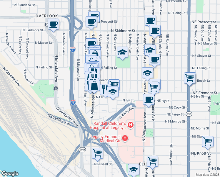 map of restaurants, bars, coffee shops, grocery stores, and more near 3606 North Borthwick Avenue in Portland