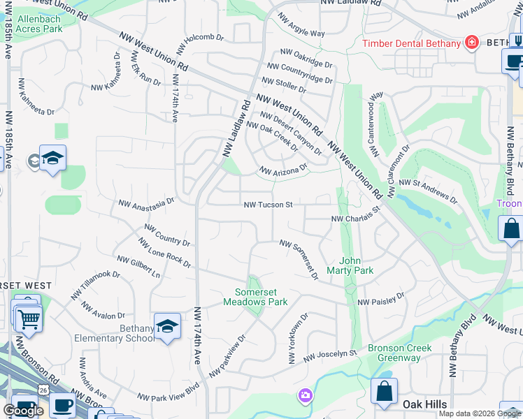 map of restaurants, bars, coffee shops, grocery stores, and more near 16919 Northwest Tucson Street in Beaverton