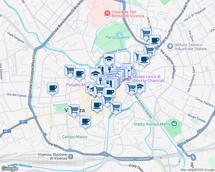 map of restaurants, bars, coffee shops, grocery stores, and more near Via San Gaetano in Thiene