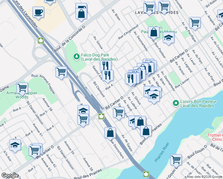map of restaurants, bars, coffee shops, grocery stores, and more near 73 Avenue Sauriol in Laval