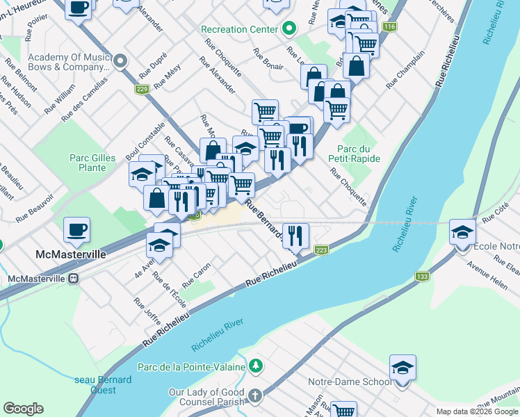 map of restaurants, bars, coffee shops, grocery stores, and more near 221 Rue Bernard-Pilon in McMasterville