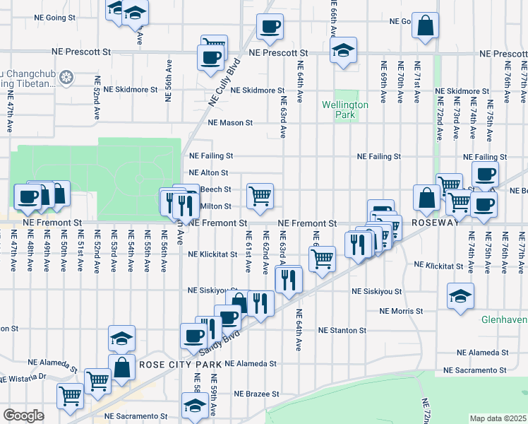 map of restaurants, bars, coffee shops, grocery stores, and more near 6166 Northeast Milton Street in Portland